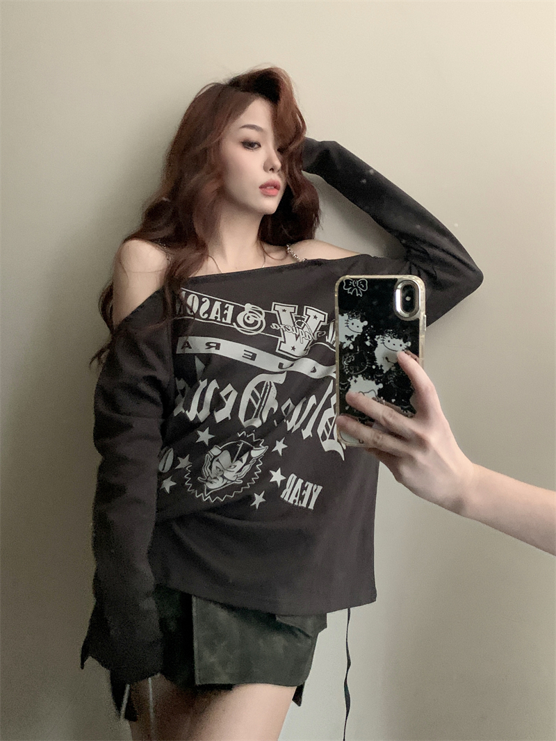 Actual shot~ Niche design suspender long-sleeved printed T-shirt off-shoulder hot girl top