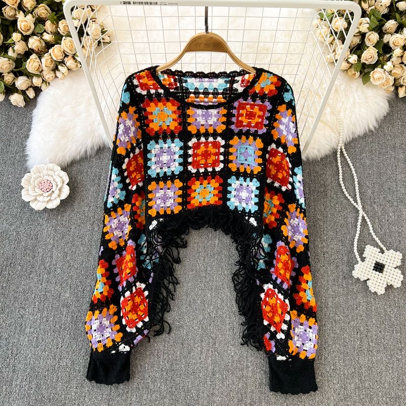美品★ CROCHET LIKE FLOWER LONG TOP Autumn Beach Holiday Boho Women Tops Flower Crochet Long