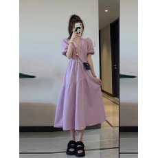 批发茶歇法式紫色<b class='q'>连衣裙</b>子女夏季2026新款温柔风收腰显瘦泡泡袖长裙子