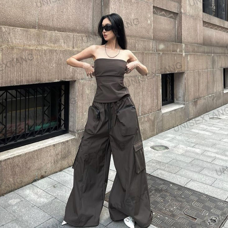 TR76167# S-XL时尚新款灰棕色甜酷辣妹设计感工装抹胸长裤套装女潮
