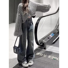 批发套装复古灰色麻花开衫<b class='q'>毛衣</b>女+设计感褶皱宽松显瘦拖地长裤子潮流