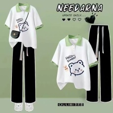 批发女童夏季小清新套装2026新款中大童韩版宽松小熊Polo领T恤两件套