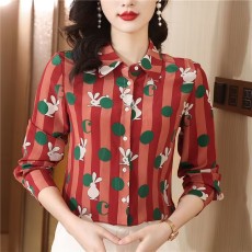 批发品牌订单 小兔印花桔色双绉真丝<b class='q'>衬衫</b>女长袖100桑蚕丝气质款<b class='q'>衬衣</b>