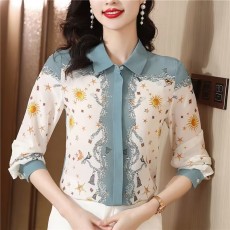 批发桑蚕丝真丝<b class='q'>衬衫</b>女长袖2025秋季新款定位印花气质时尚优雅<b class='q'>衬衣</b>上衣