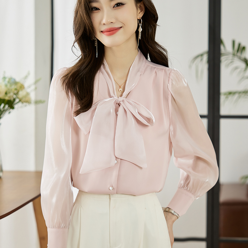 실사 2 색 유럽 상품 품격 슬림해 보이는 단색 V넥 유럽 오간자 레이스업 싱글 줄 버튼 긴팔 쉬폰 여성 셔츠 봄 가을