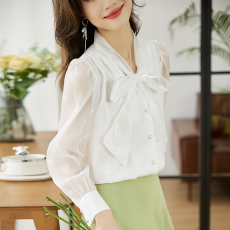 批发实拍2色欧货气质显瘦纯色V领<b class='q'>欧根纱</b>系带单排扣长袖雪纺衬衫女春