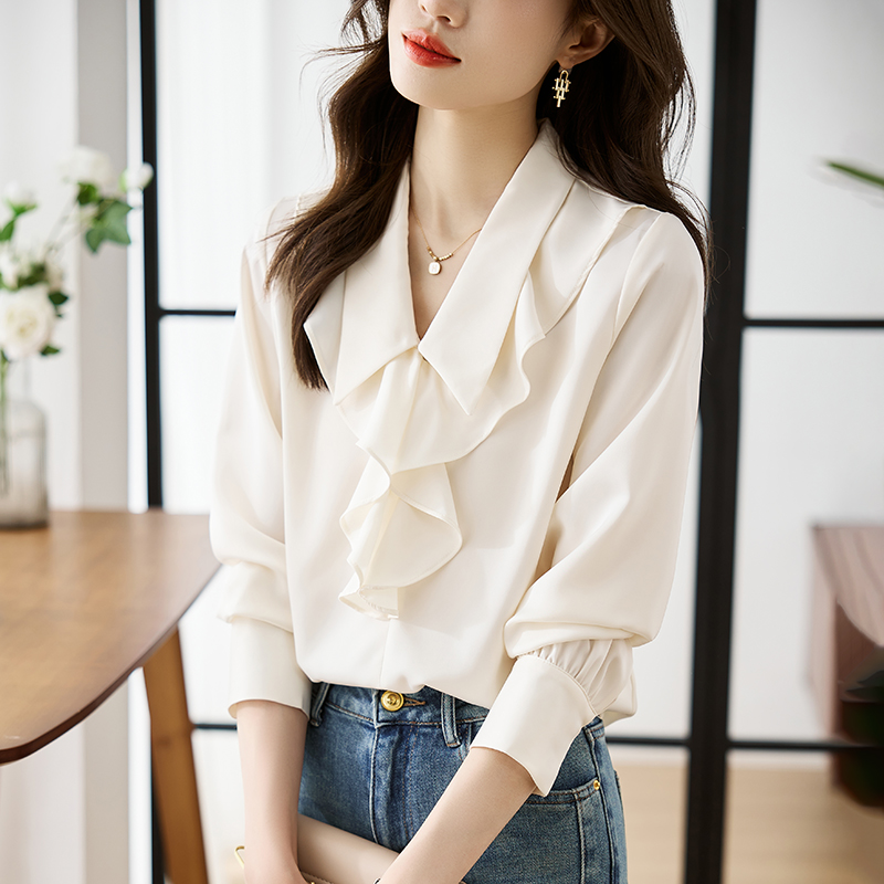 MY17072# 荷叶边衬衫独特别致漂亮法式甜美上衣韩系风格穿搭职业衬衣女裝貨源服裝批發