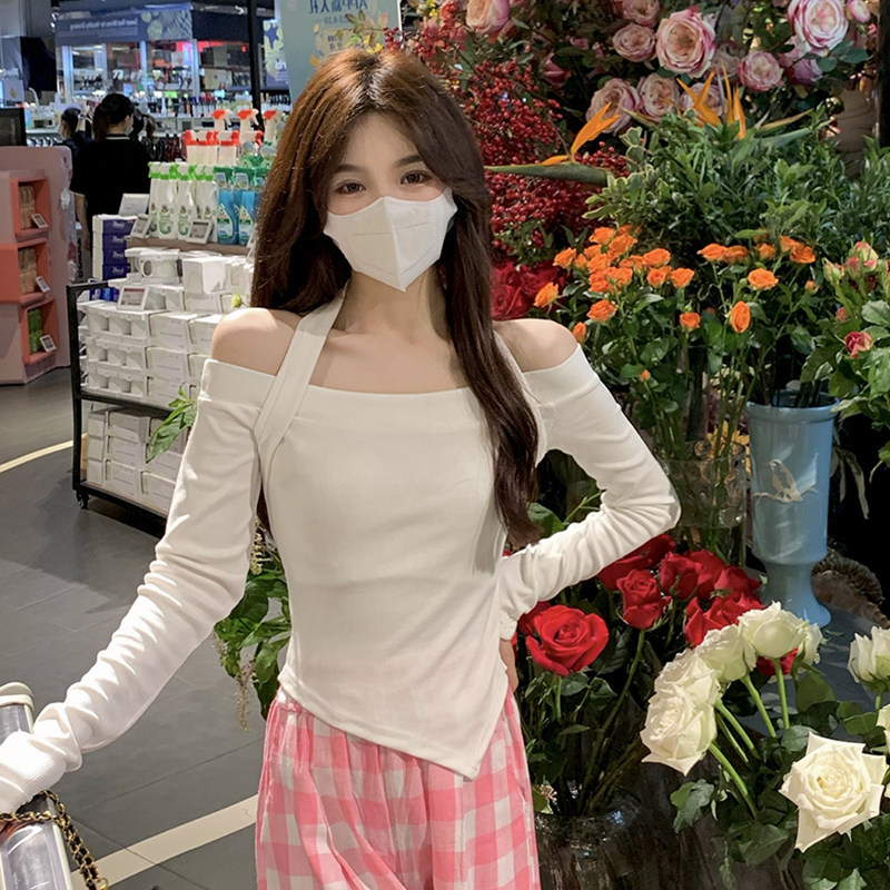 한국 대외 무역 한국 스타일 오프숄더 행침 목 긴팔 티셔츠 가을 새로운 핫걸 인사이드 가져 가라. 쇼트 스타일 기본 셔츠 맨위