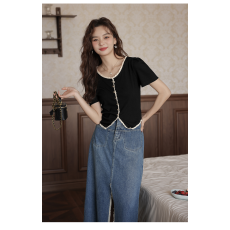 批发爱<b class='q'>蔷薇</b>黑色短袖针织开衫女夏日多巴胺微胖mm法式显瘦t恤上衣