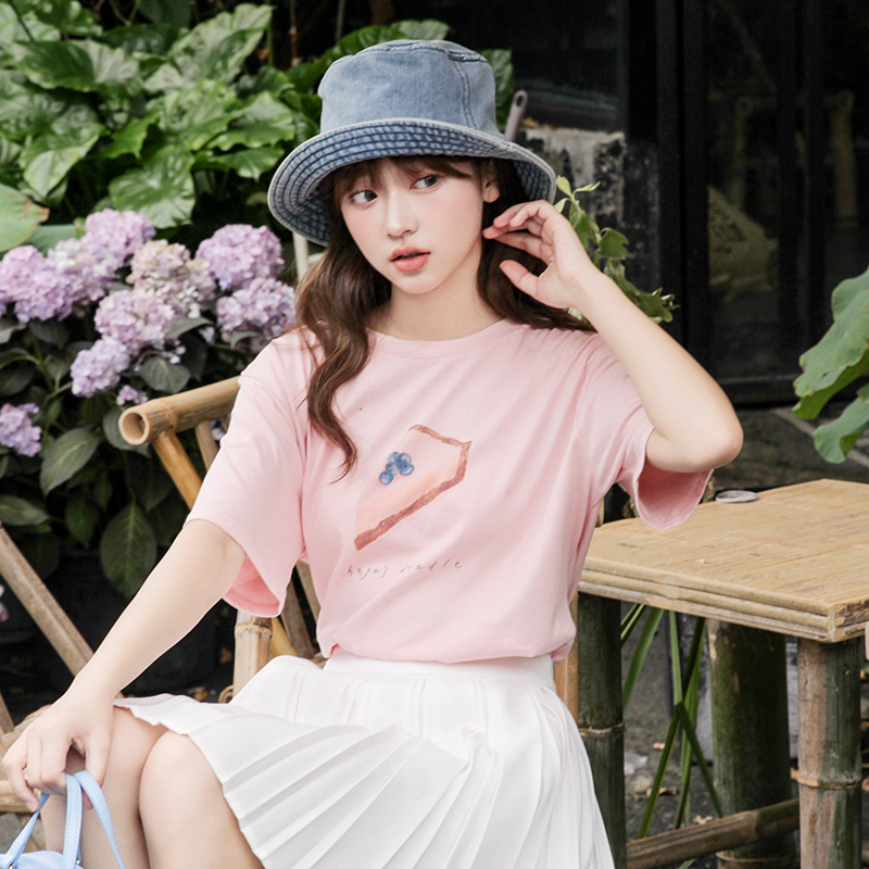 일본식 미니멀리즘 다용도 캐주얼 달콤함 케이크 프린트 티셔츠 여름 라운드 넥 반팔 동정 맨위 여성