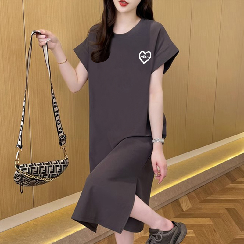 官圖質量|純棉長款過膝夏季2024愛心印花圓領T恤裙女