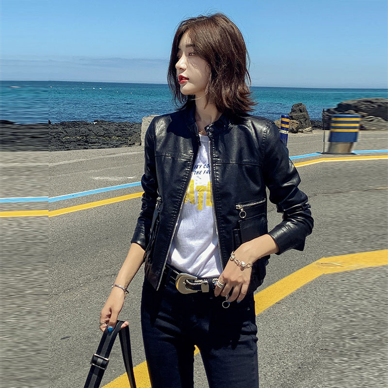 레트로 조수 가죽 의류 여자 외투 한국어 버전 느슨한 2023 봄과 가을 새로운 여가 짧은 단락 스탠딩 칼라 맨위 pu 가죽 자켓