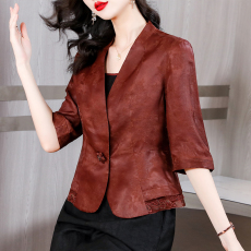 批发香云纱上衣女中袖真丝短外套女夏2023气质<b class='q'>修身</b>高端时尚红色<b class='q'>小西装</b>