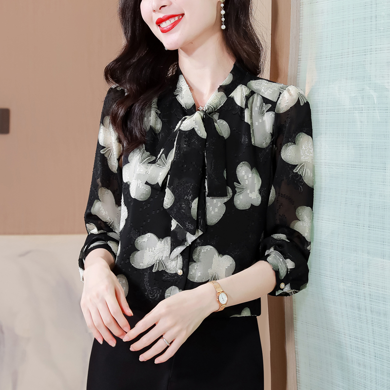 실사 리본 자카드 쉬폰 셔츠 여성 긴 소매 2026 새로운 봄 가을 외국 가스 고급 디자인 센스 만나는 셔츠