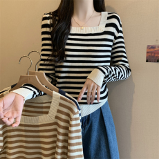 批发实拍 大码<b class='q'>胖</b><b class='q'>mm</b>新款方领上衣修身针织衫条纹长袖t恤内搭打底衫