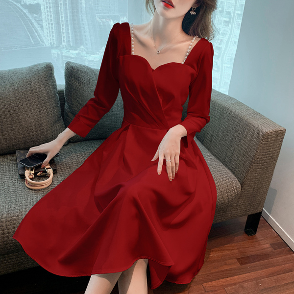 RM19408#敬酒服酒红色纱袖日常可穿礼服法式订婚裙子新娘回门便装连衣裙