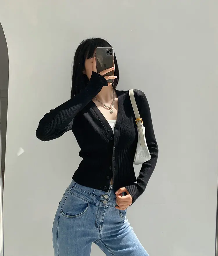 레트로 V넥 단추 가디건 상세 이미지 12