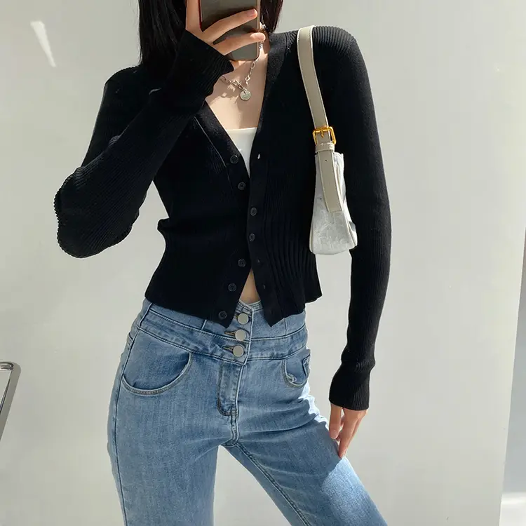 레트로 V넥 단추 가디건 상세 이미지 13