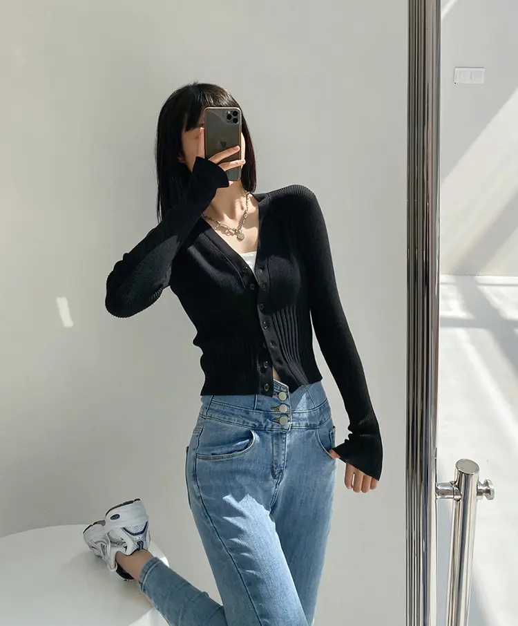 레트로 V넥 단추 가디건 상세 이미지 14