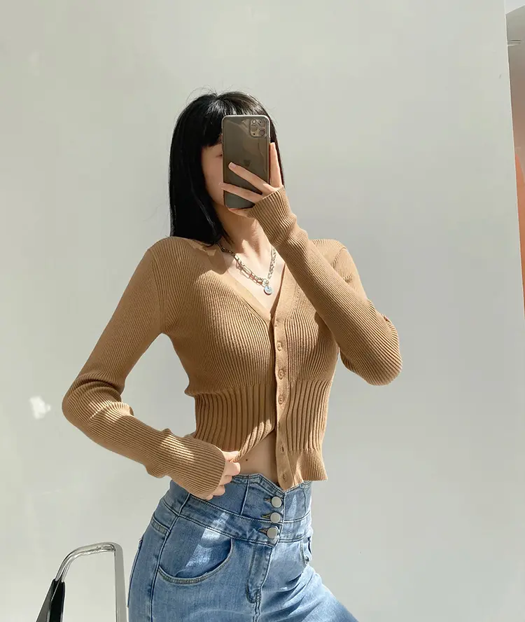 레트로 V넥 단추 가디건 상세 이미지 18