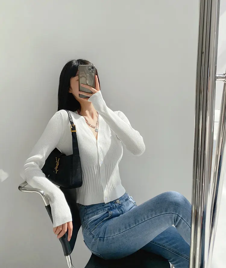 레트로 V넥 단추 가디건 상세 이미지 20