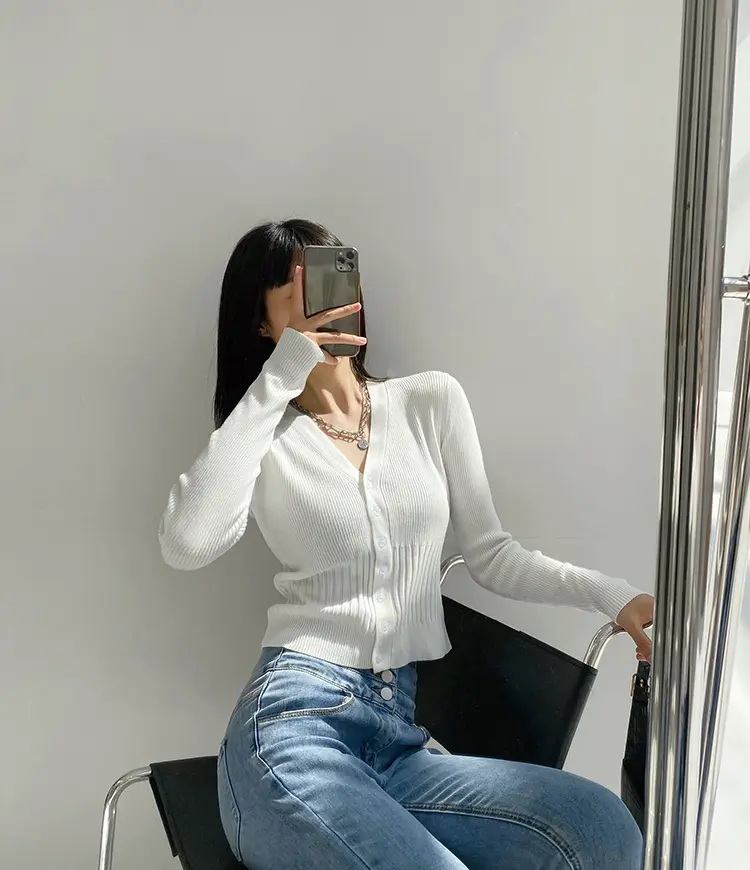 레트로 V넥 단추 가디건 상세 이미지 23