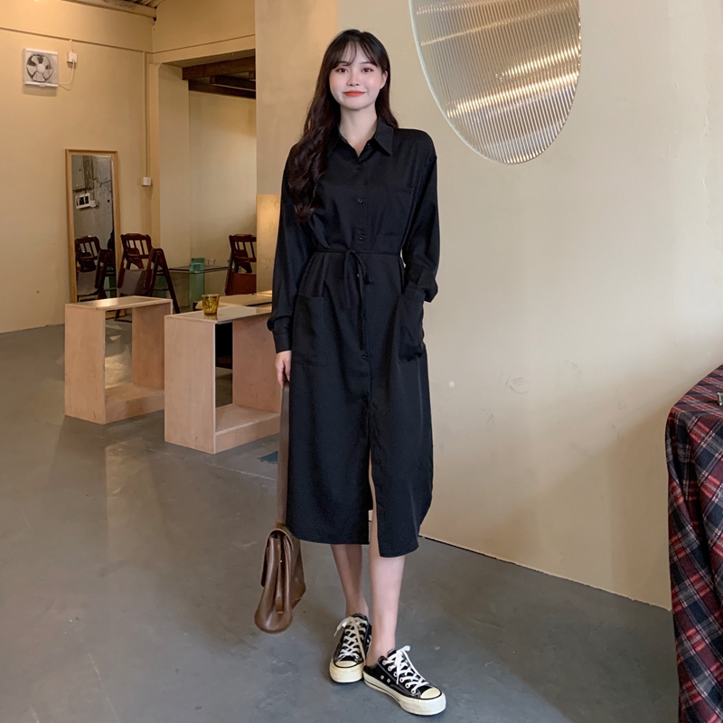 PF29242#大码女装衬衫连衣裙中长款系带收腰衬衣 M-4XL200斤女裝貨源服裝批發
