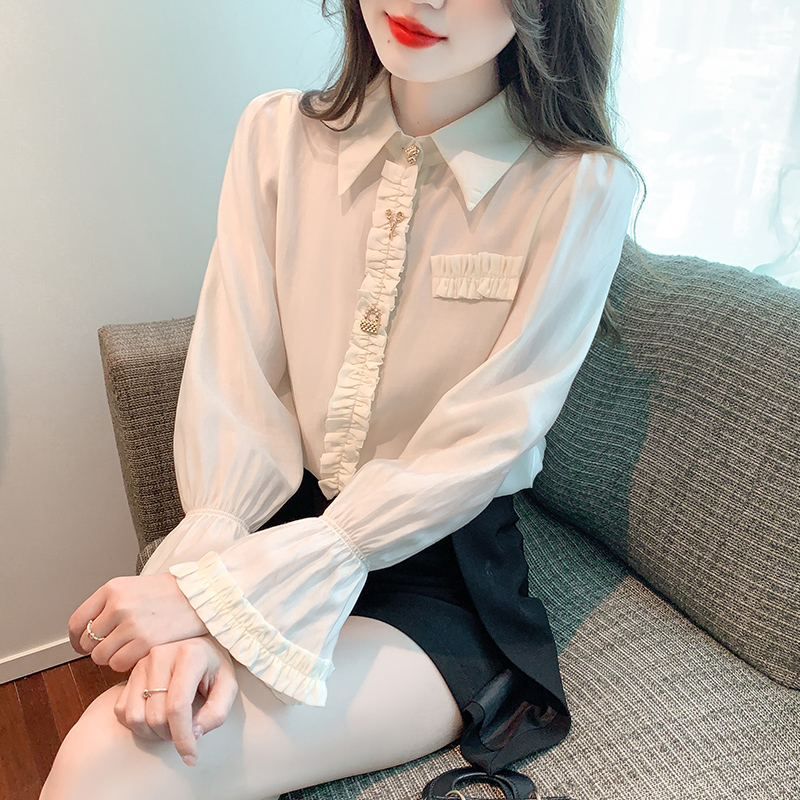 MY1089# 新款简约衬衫衬衫领小清新甜美宽松型纱喇叭袖女裝貨源服裝批發