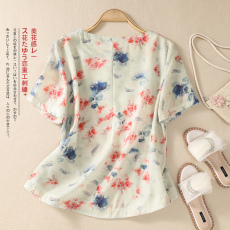 批发夏装新款中年妈妈短袖t恤棉麻衬衫年轻洋气亚麻衬衣苎麻碎花上衣