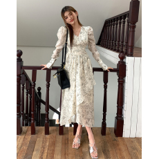 批发实拍2026春装新款秀场风V领碎花<b class='q'>连衣裙</b>女收腰法式中长裙