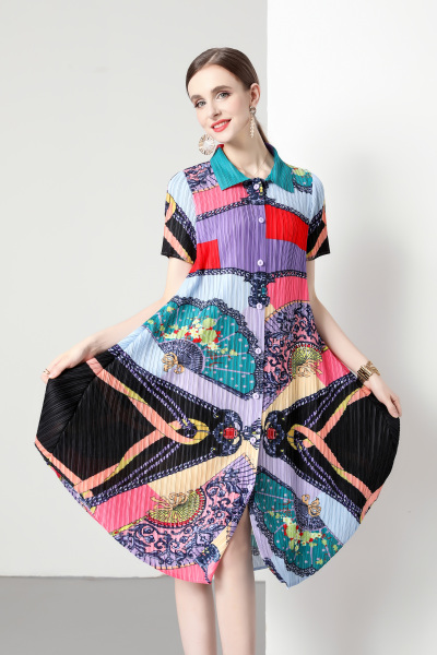 RM19452#POLO领印花短袖洋气大码宽松单排扣夏季中长裙连衣裙