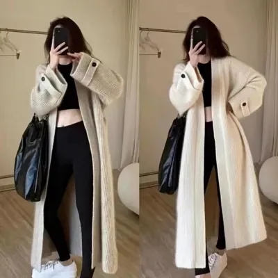 유럽 역 가을 의상 숲속 소녀 한국 스타일 chic 루즈핏 세련된 무릎 아래 무거운 니트 오픈 가디건 모헤어 스웨터 코트