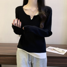 批发实拍胖MM大码秋装女不规则假两件针织衫法式小众正肩时尚显瘦上衣