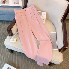 批发已出货2024新款高级感粉色西装裤女小个子宽松显瘦高腰阔腿直筒裤