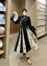 实拍2023大码女装～新中式国风复古改良旗袍碎花拼接赫本风连衣裙