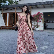 批发法式玫瑰女夏季2025新款时尚收腰显瘦雪纺中长款<b class='q'>印花</b>小飞袖<b class='q'>连衣裙</b>