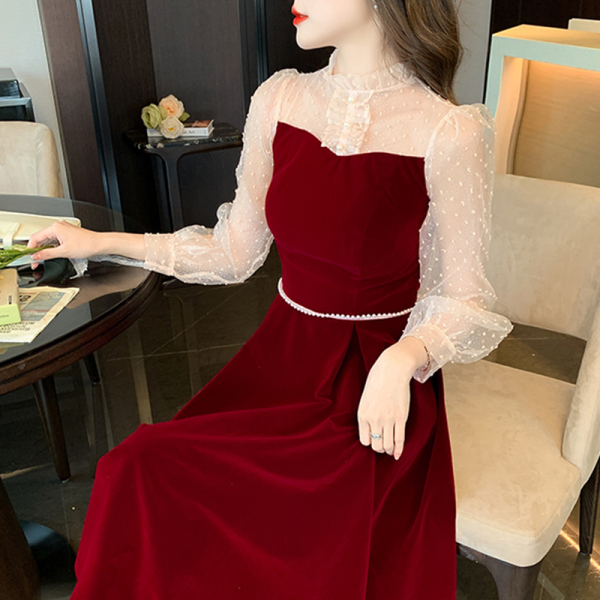 RM19421#敬酒服酒红色纱袖日常可穿礼服法式订婚裙子新娘回门便装连衣裙