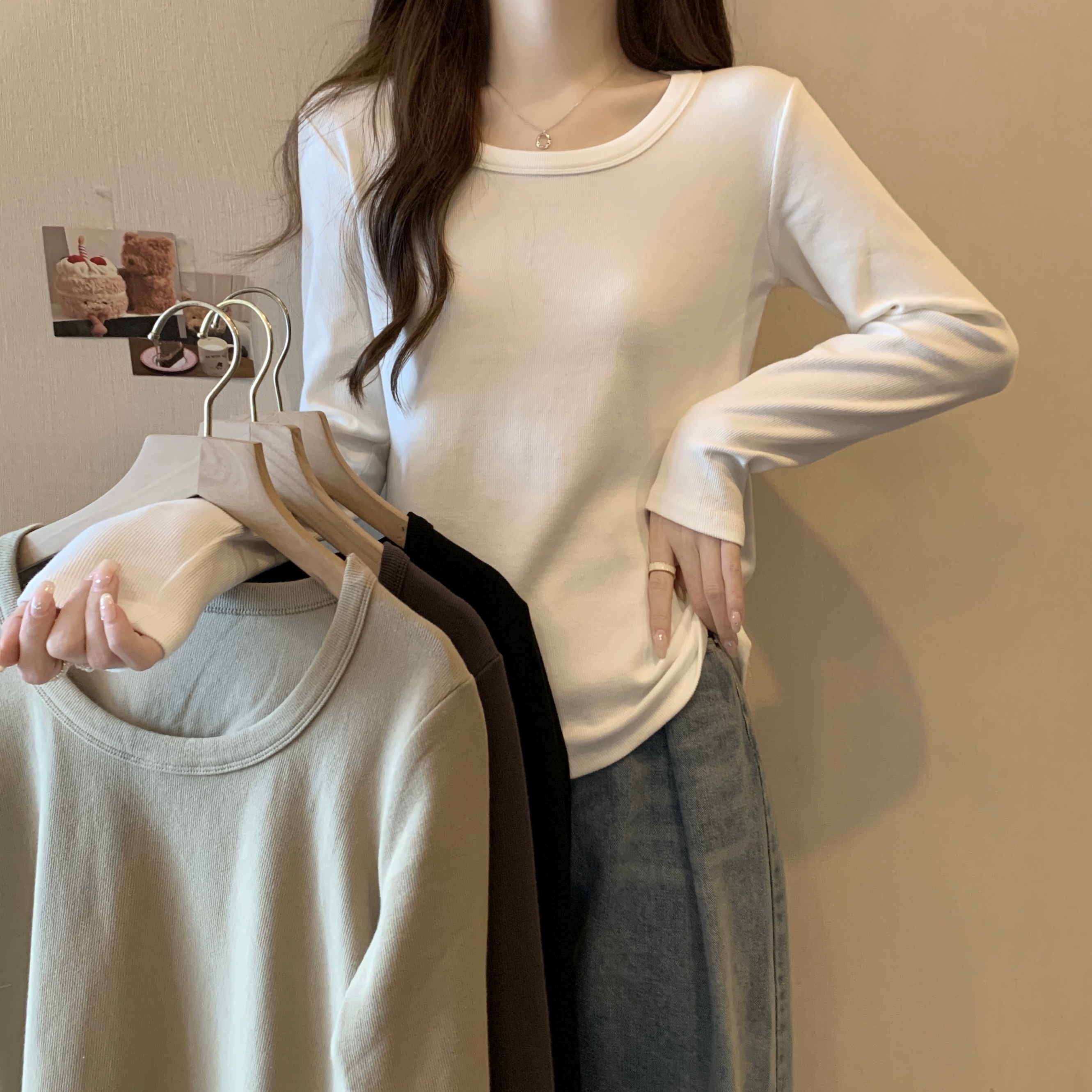 실사 지방 mm 빅 사이즈 물방울 u 칼라 리브 단색 티셔츠 슬림해 보이는 긴팔 맨위