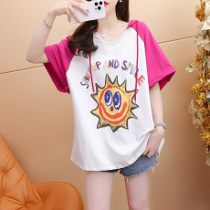 批发抖音质量/环定纺纯棉/后包领/<b class='q'>中长款</b>连帽拼接短袖<b class='q'>T</b><b class='q'>恤</b>女