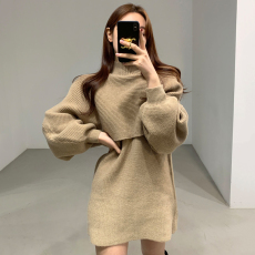 批发秋冬季新款中长款针织两件套高领套装背心连衣裙女气质灯笼袖毛衣