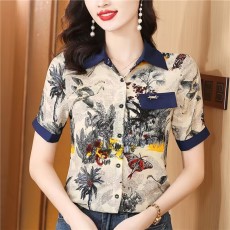 批发复古印花真丝短袖衬衫女2025夏装新款<b class='q'>桑蚕丝</b>衬衣时尚拼接高端<b class='q'>上衣</b>
