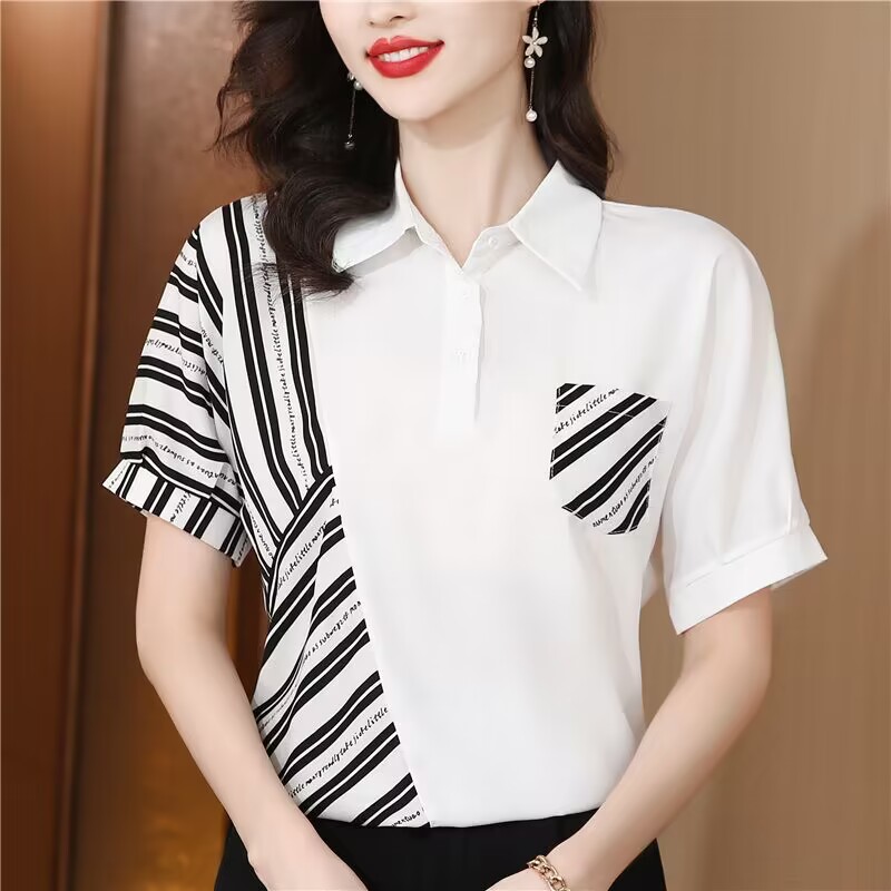 MY14588# 黑白拼色条纹雪纺衬衫女短袖宽松显瘦气质百搭简约薄款休闲上...