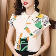 批发真丝短袖衬衫女2025夏装新款时尚印花<b class='q'>桑蚕丝</b>衬衣气质宽松套头<b class='q'>上衣</b>