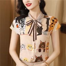 批发重磅真丝衬衫女夏季甜美别致<b class='q'>上衣</b>法式减龄飘带印花短袖<b class='q'>桑蚕丝</b>小衫