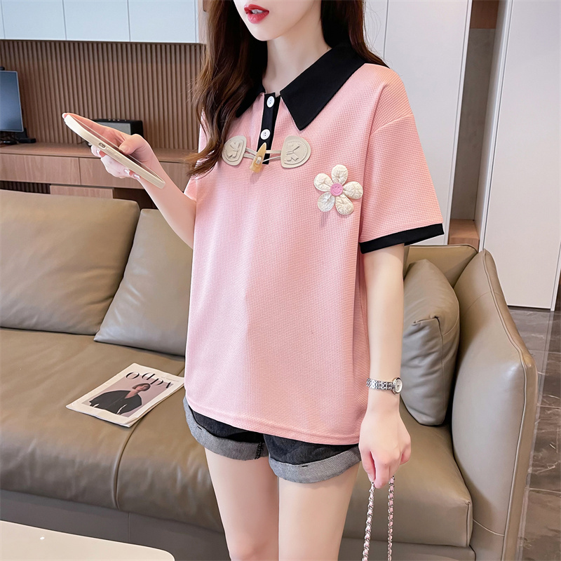 FA20939# 华夫格撞色后包领夏季短款POLO领连帽短袖T恤女 服裝批發女裝批發服飾貨源