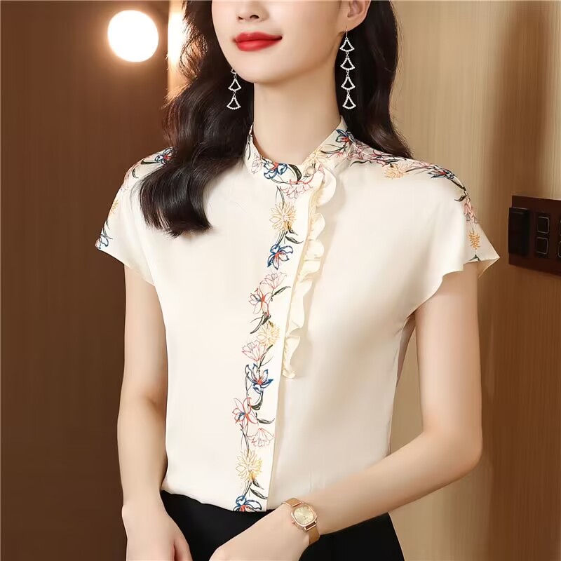 MY14584# 真丝衬衫女气质短袖上衣夏季新款时尚复古印花简约桑蚕丝衬衣...