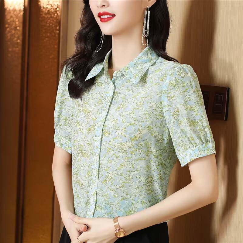 MY14570# 杭州重磅真丝衬衫女新款短袖气质桑蚕丝衬衣碎花别致上衣女裝...
