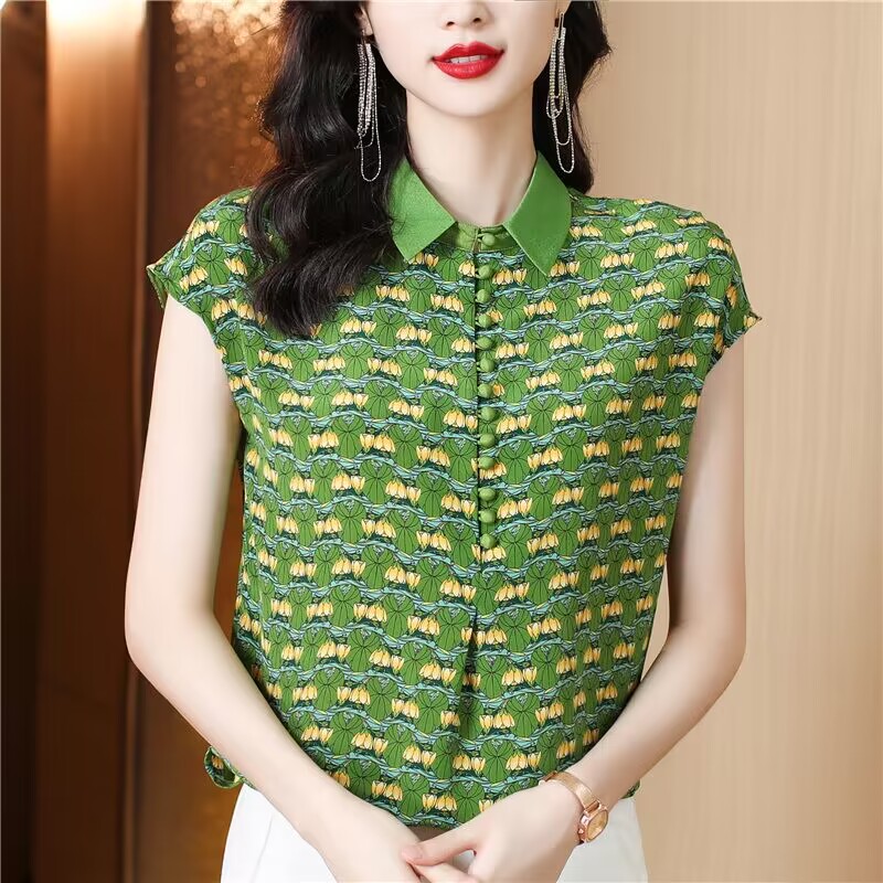 MY14581# 杭州桑蚕丝真丝衬衫女短袖印花夏季上衣时尚显瘦法式女裝貨源...
