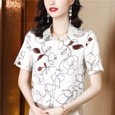 批发2025年夏季新款重磅<b class='q'>真丝</b>印花<b class='q'>衬衫</b>女短袖高级感气质桑蚕丝缎面上衣