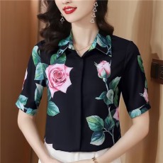 批发重磅<b class='q'>真丝</b><b class='q'>衬衫</b>女短袖2025春夏新款黑色高端<b class='q'>衬衣</b>印花桑蚕丝气质上衣